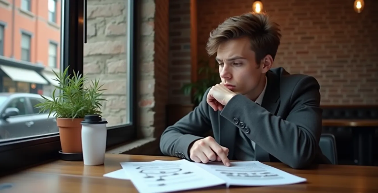 Jeune professionnel analysant ses finances dans un café montréalais