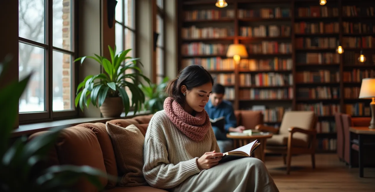 Intérieur chaleureux d'une bibliothèque montréalaise avec lumière naturelle et plantes vertes