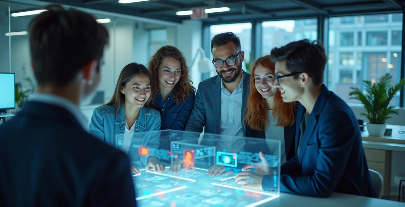 Chercheurs et entrepreneurs collaborant dans un laboratoire moderne d'incubation technologique