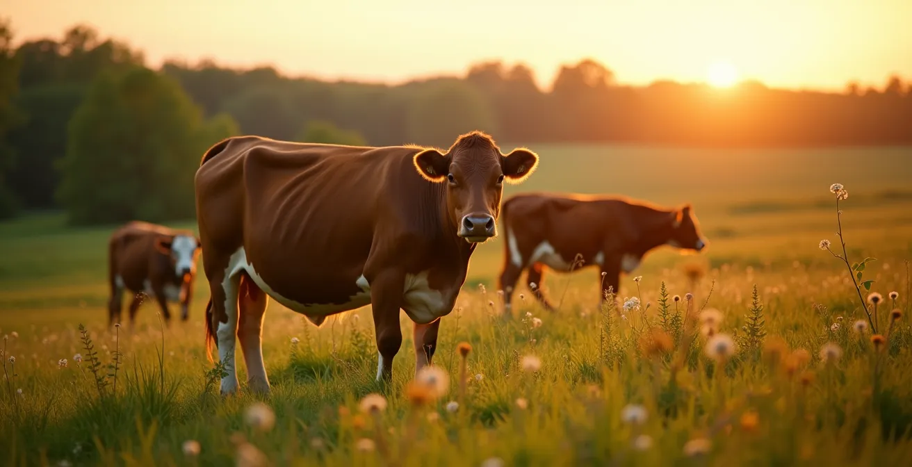 Troupeau de bovins dans un pâturage verdoyant avec système de rotation visible au Québec