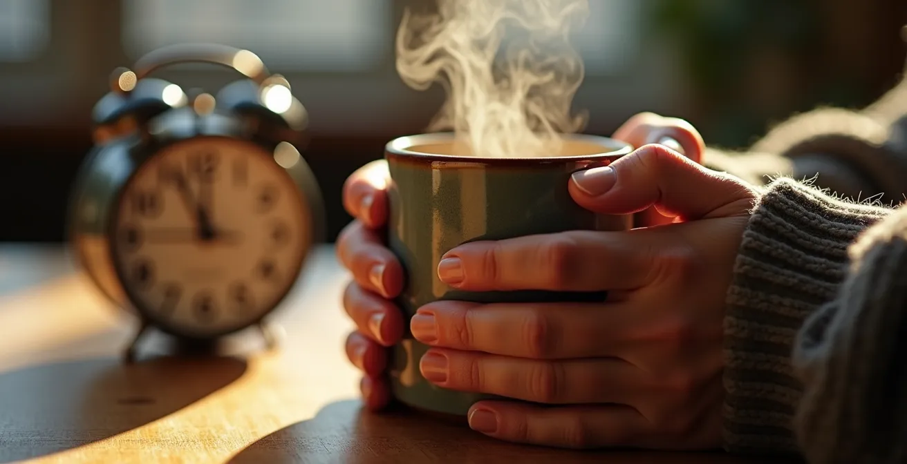 Vue macro de mains tenant une tasse de café avec vapeur visible et minuteur flou en arrière-plan