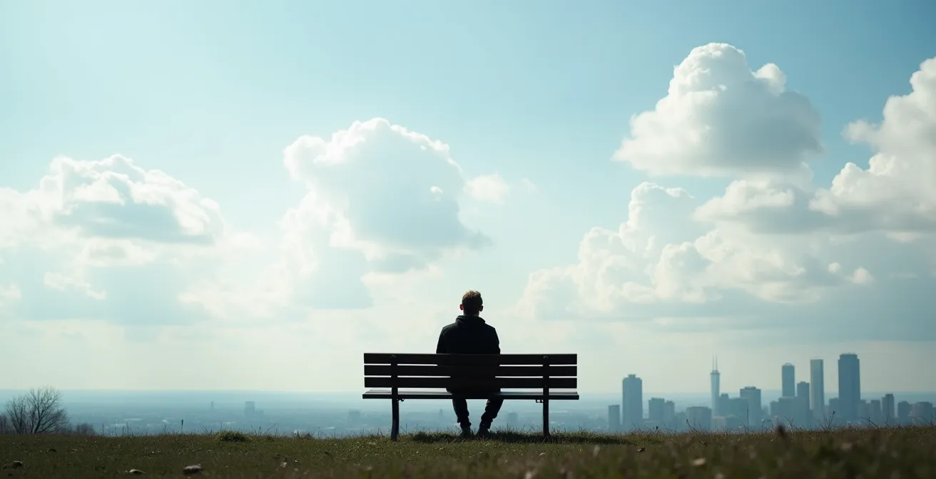 Personne méditant sur le Mont-Royal avec vue panoramique de Montréal