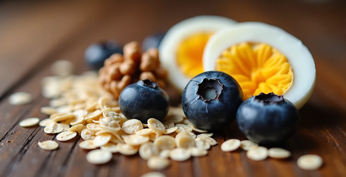 Composition artistique d'aliments énergétiques pour le cerveau incluant des noix, baies, avoine et œufs dans une ambiance matinale douce