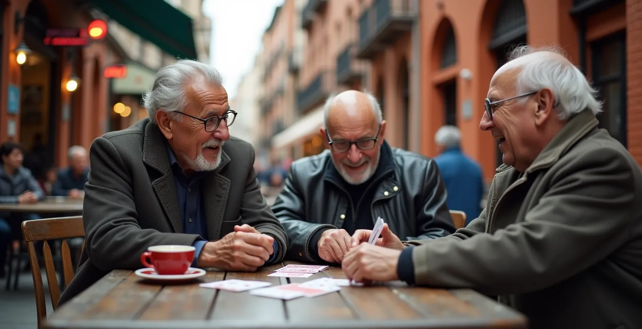 Scène de vie quotidienne dans la Petite Italie avec des aînés jouant aux cartes et l'architecture caractéristique en arrière-plan