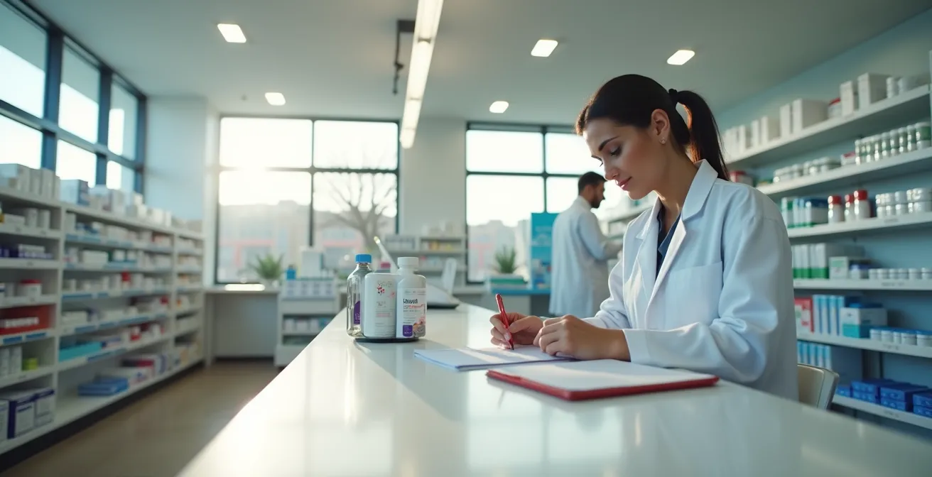 Pharmacien consultant un dossier patient dans une pharmacie québécoise