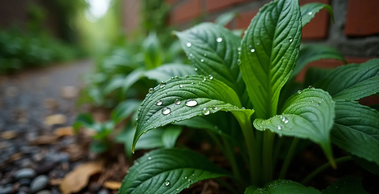 Gros plan sur des plantes vivaces indigènes poussant dans l'ombre d'une ruelle montréalaise