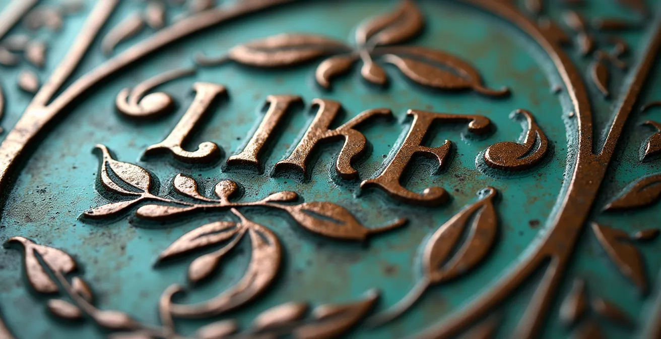 Gros plan en macro sur la texture d'une plaque commémorative ancienne avec patine de bronze