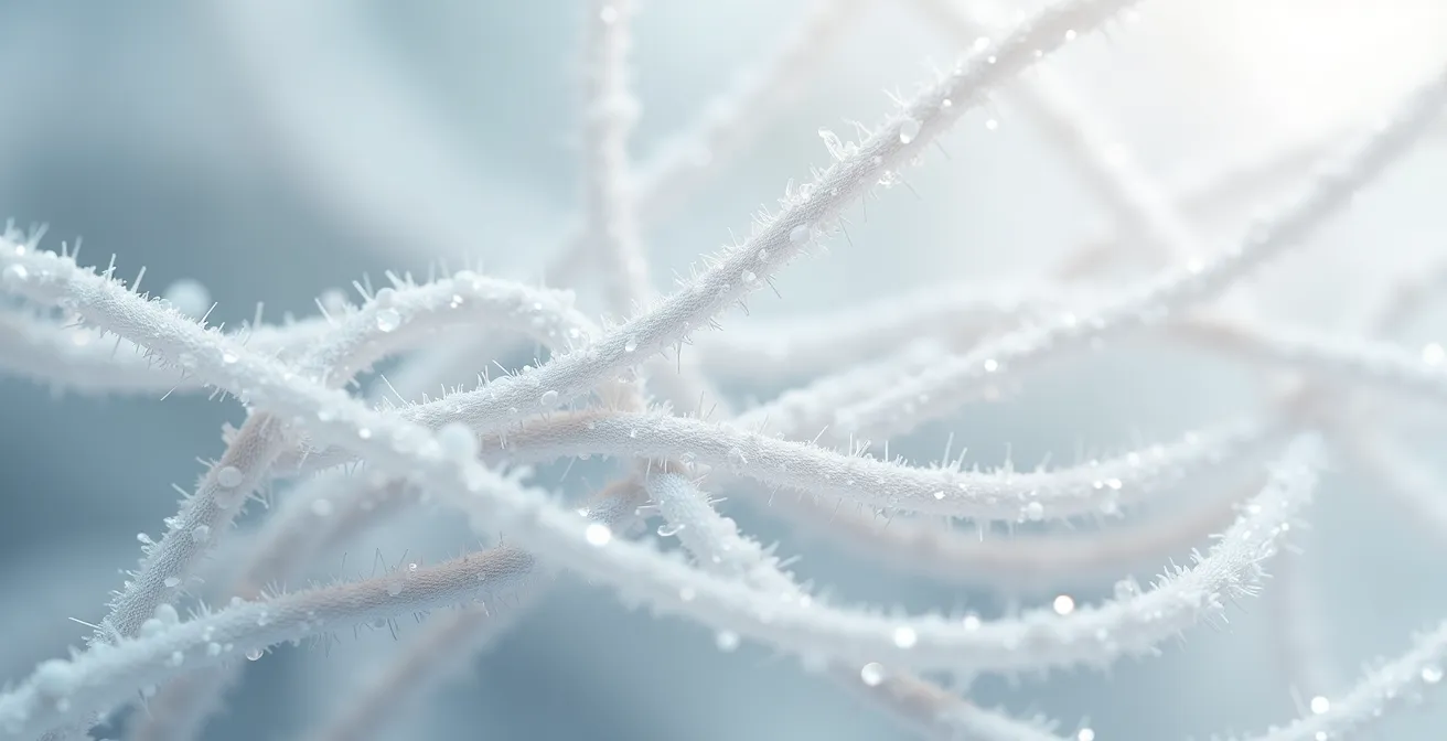 Gros plan macro sur des fibres de Lyocell montrant leur texture soyeuse et leur couleur blanc nacré
