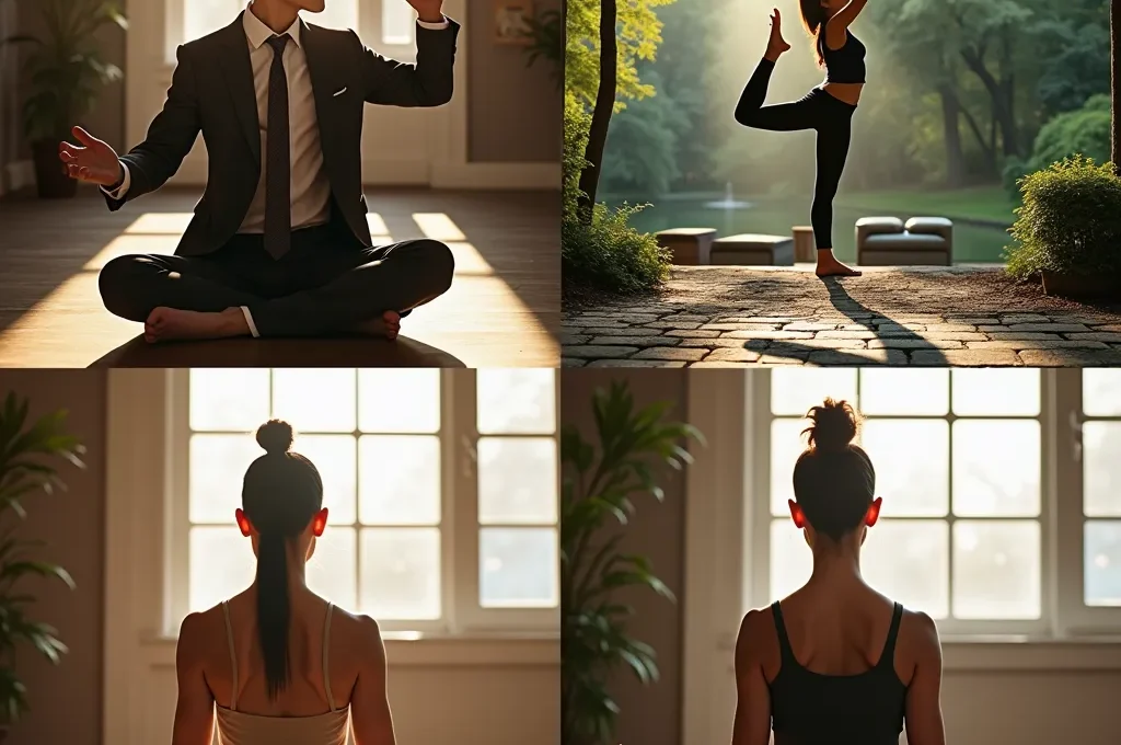 Collage photographique montrant quatre archétypes montréalais dans leurs environnements typiques de stress et relaxation