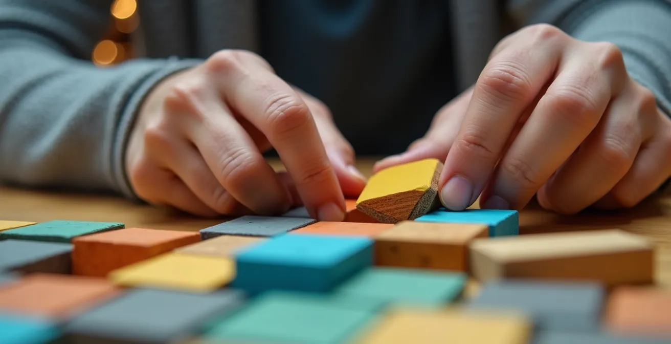 Mains assemblant un prototype modulaire représentant l'évolution itérative d'un produit minimum viable