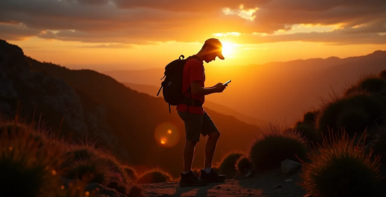 Randonneur vérifiant attentivement son téléphone sur un sentier de montagne au coucher du soleil