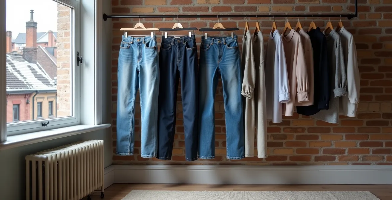 Garde-robe minimaliste organisée dans un petit appartement du Plateau avec vue sur les toits de Montréal