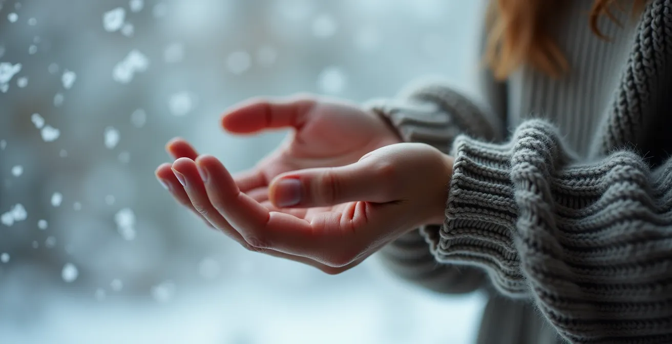 Gros plan sur des mains qui se détendent après une journée dans le froid québécois
