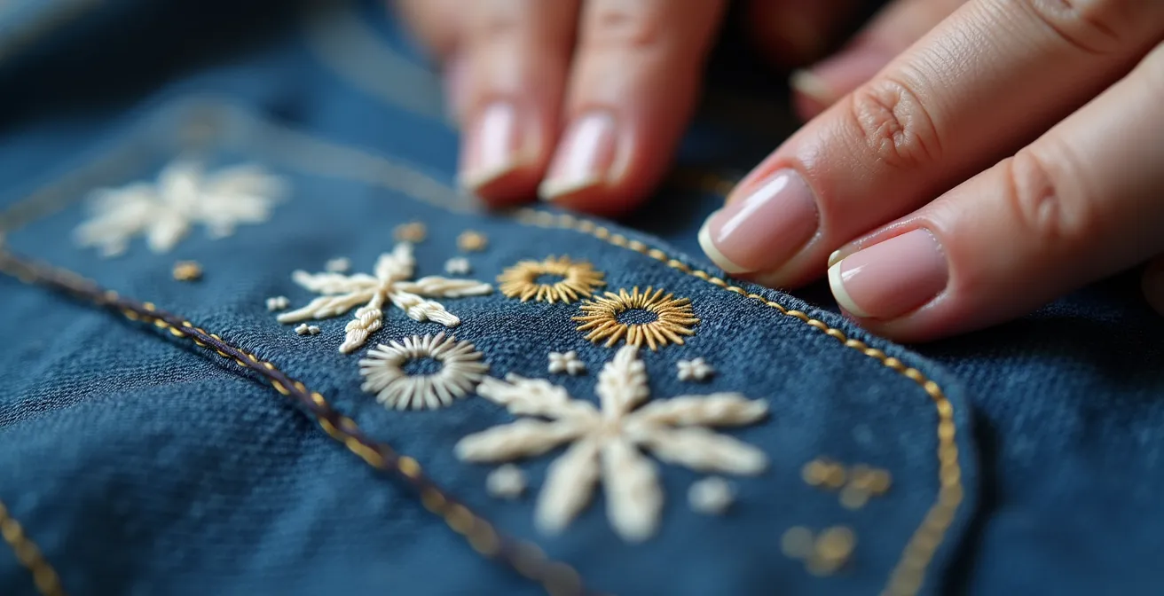 Gros plan macro sur réparation sashiko artistique d'un jean avec fils colorés
