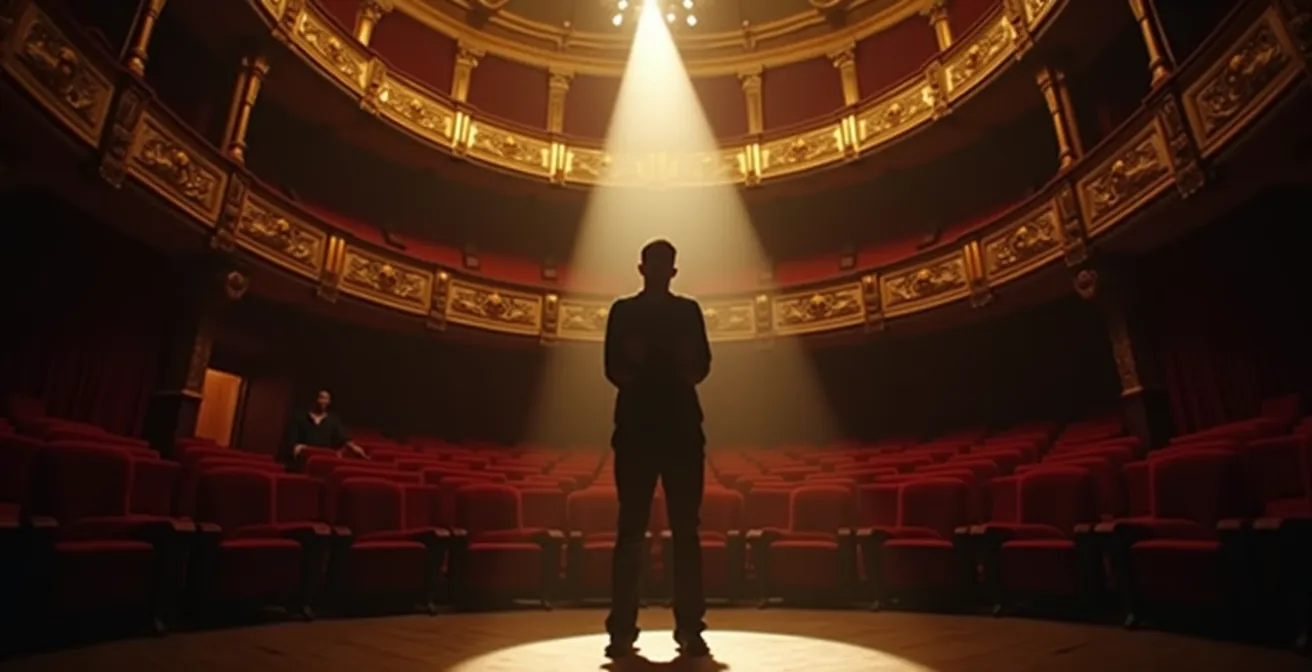 Scène de répétition théâtrale dans un théâtre historique de Montréal avec éclairage dramatique