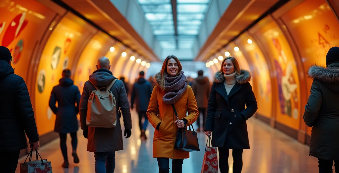Vue atmosphérique du réseau souterrain de Montréal avec ses passages colorés et son art public