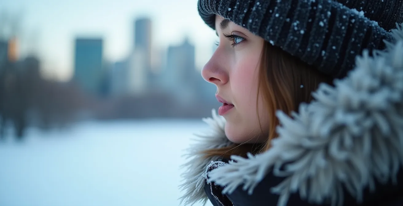 Personne en méditation solitaire sur le Mont-Royal en hiver avec vue panoramique de Montréal