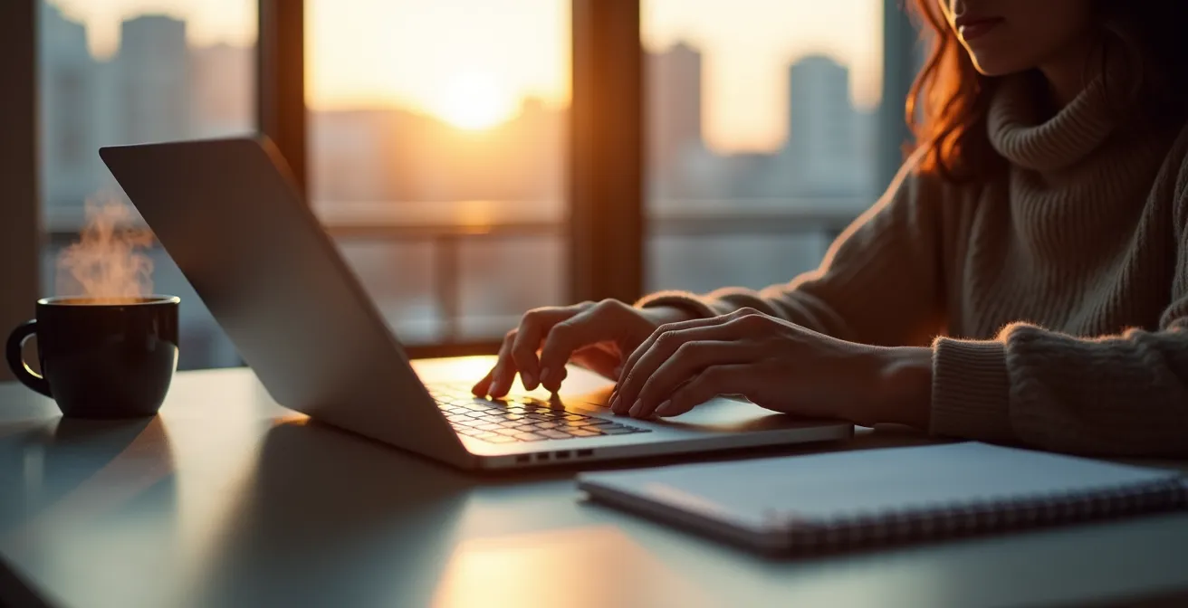 Personne fermant son ordinateur portable au coucher du soleil dans un appartement montréalais