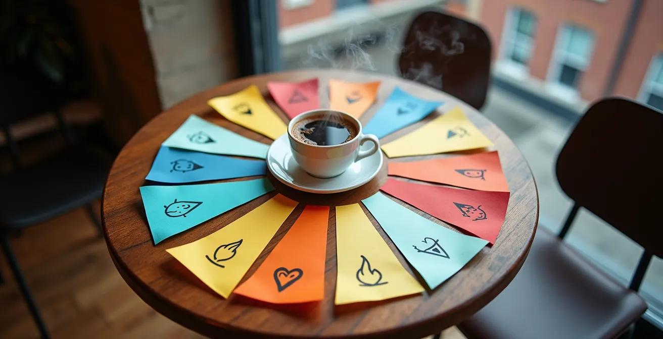 Roue colorée des émotions avec des icônes montréalaises symboliques en arrière-plan