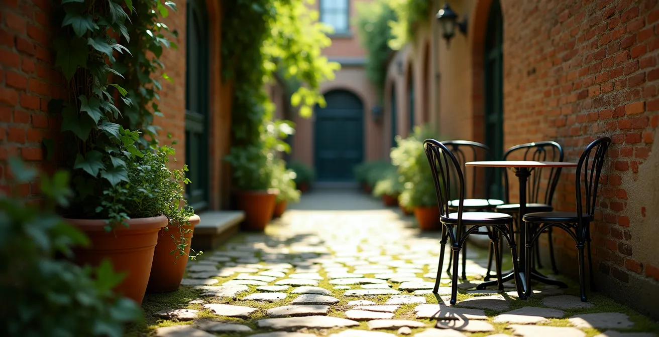 Vue aérienne d'une cour intérieure cachée dans le Vieux-Montréal avec terrasses verdoyantes