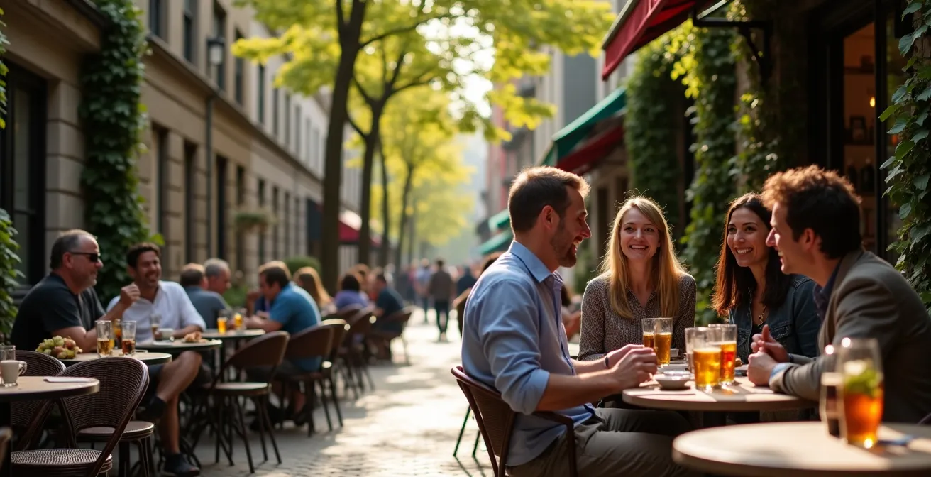 Rue pavée pittoresque du Vieux-Montréal avec terrasses de cafés locaux