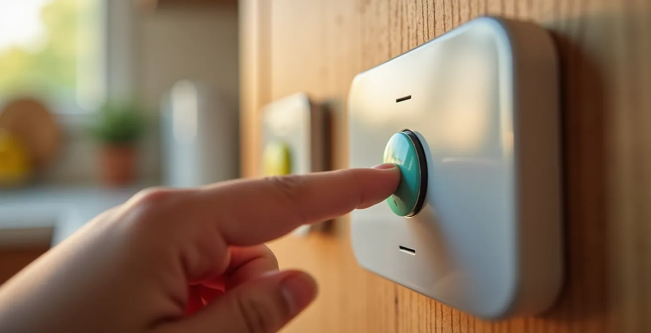 Famille québécoise utilisant des boutons physiques connectés pour activer des scénarios domotiques