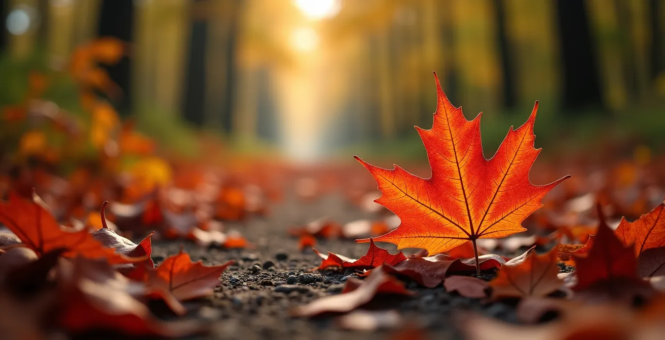 Sentier forestier bordé d'érables aux couleurs automnales éclatantes
