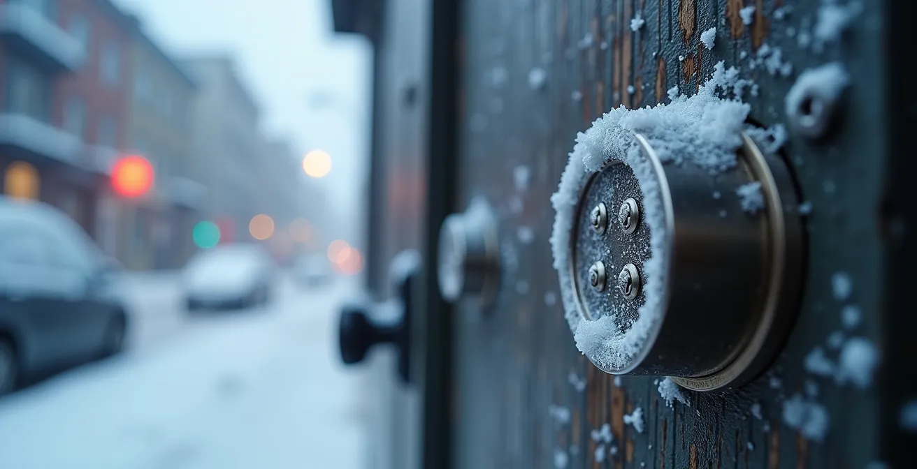 Gros plan sur une serrure intelligente installée sur une porte d'entrée par temps hivernal québécois