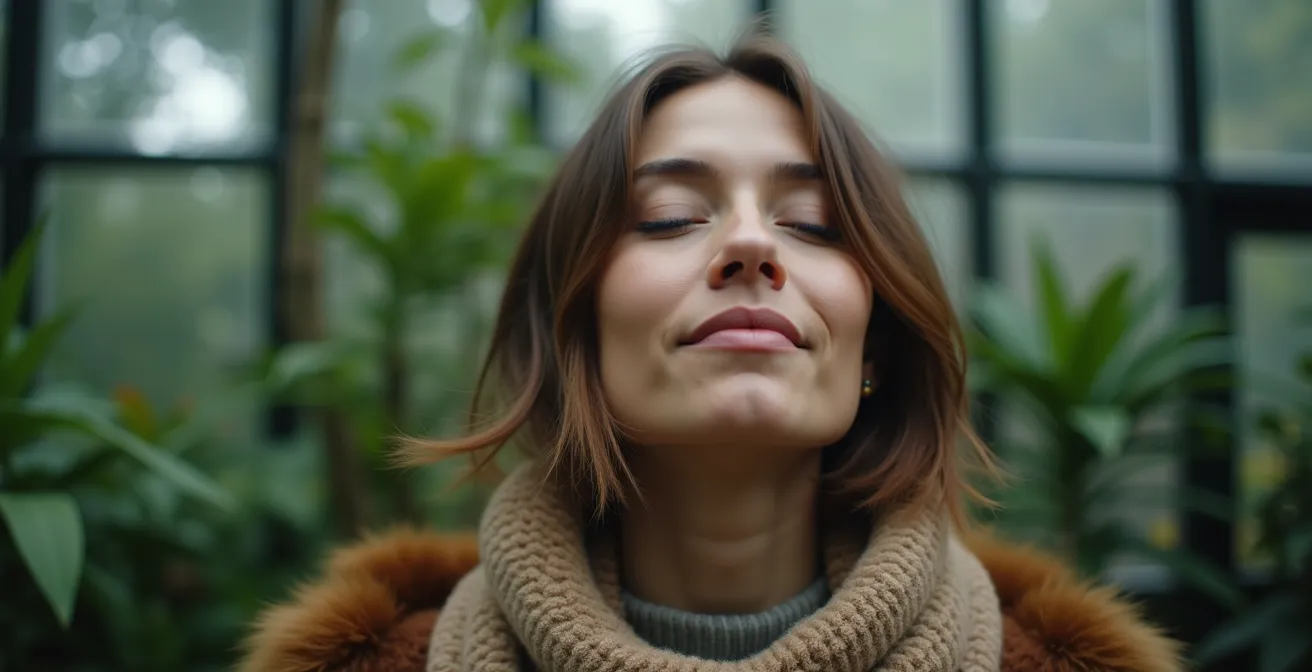 Visiteur pratiquant la méditation contemplative dans les serres tropicales du Jardin Botanique de Montréal en hiver