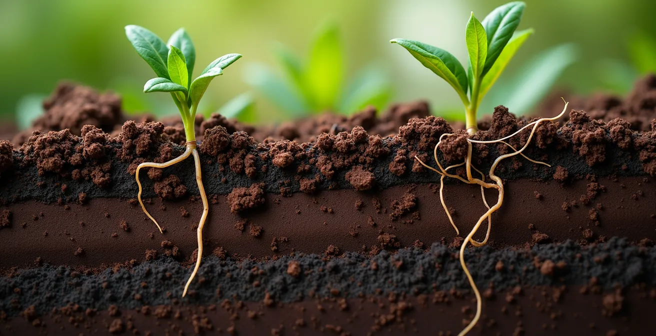Vue macro détaillée du sol agricole québécois montrant la vie microbienne et les racines