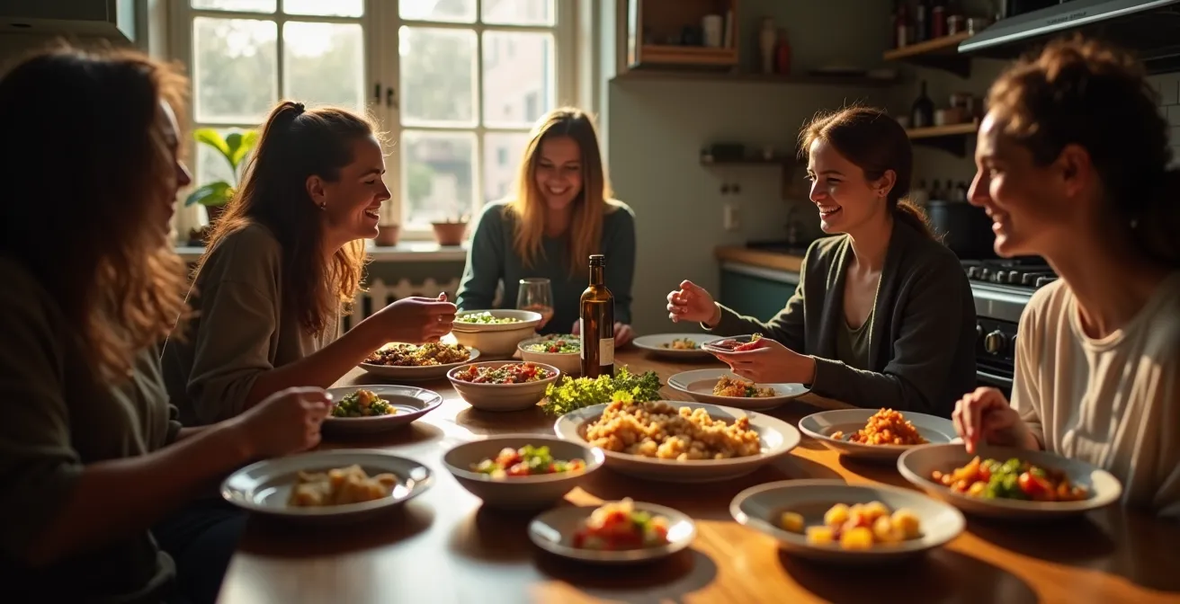 Un souper communautaire dans une cuisine montréalaise chaleureuse avec des plats à partager sur une grande table en bois