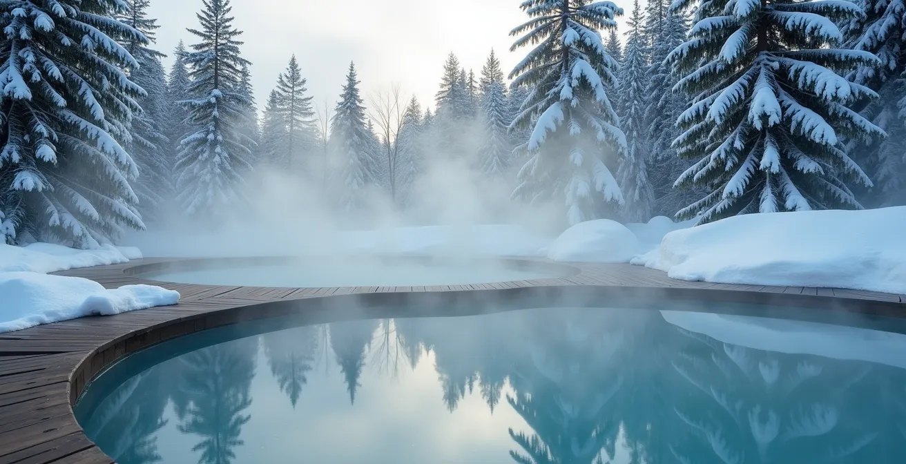Bassins extérieurs fumants entourés de neige dans une forêt de conifères
