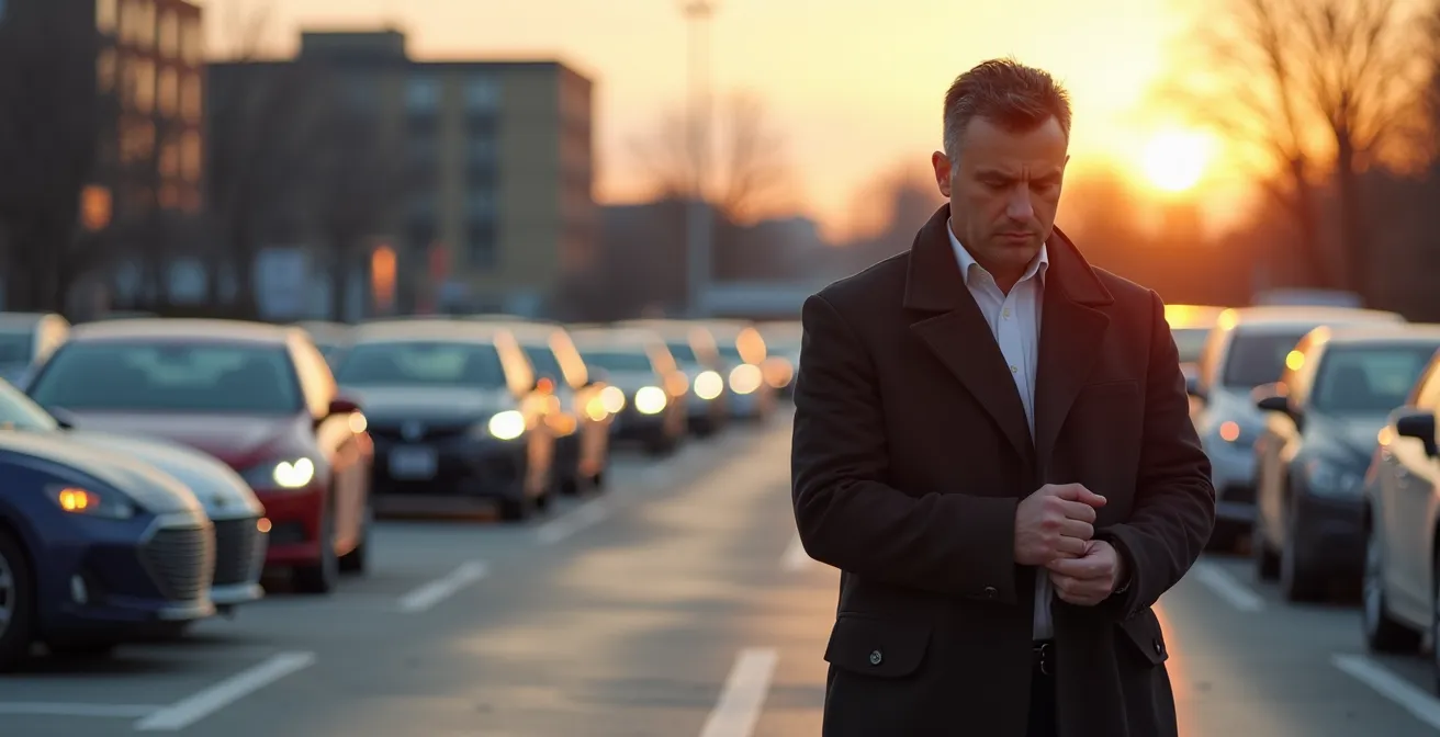 Stationnement incitatif bondé à une gare de banlieue montréalaise au lever du soleil