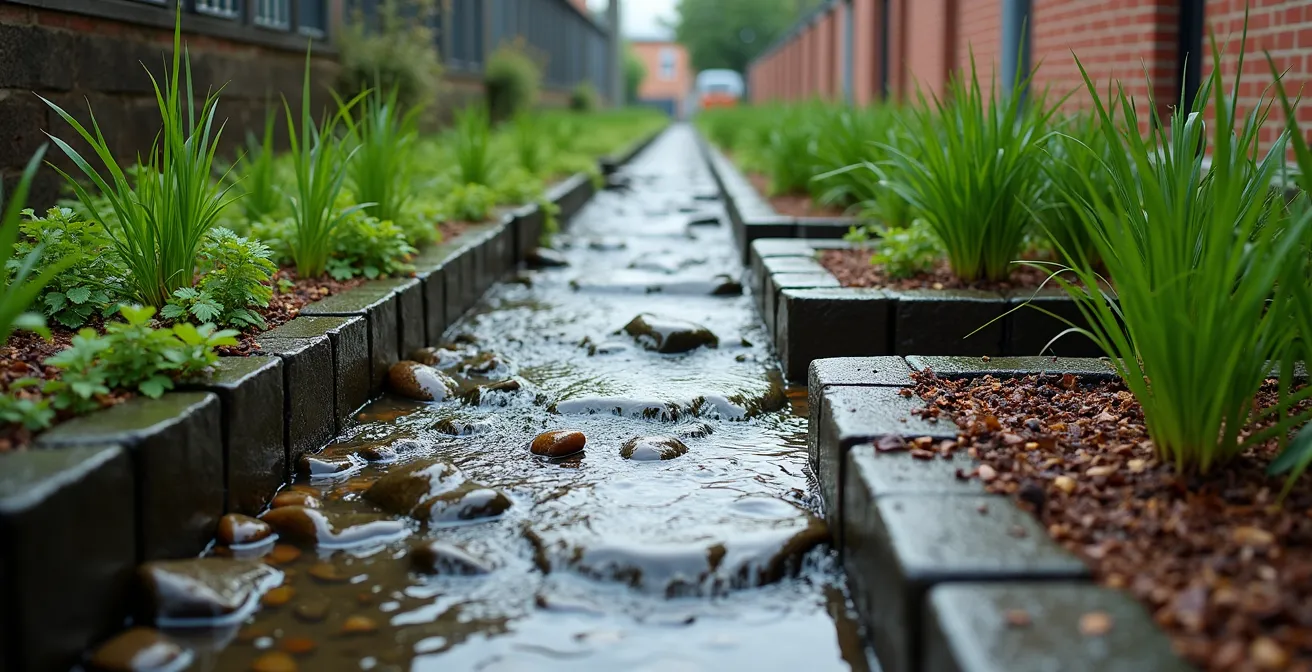 Vue aérienne d'un système de drainage naturel dans une ruelle verte montréalaise
