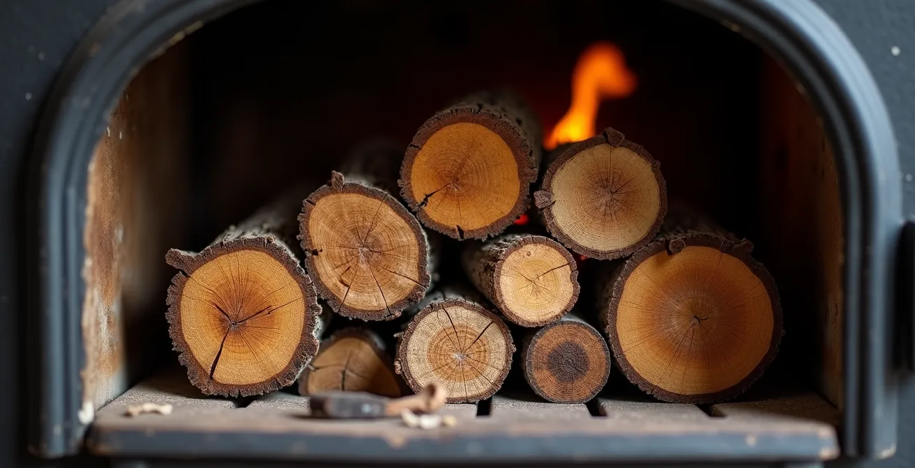 Arrangement de bûches selon la technique du feu inversé dans un poêle à bois de yourte