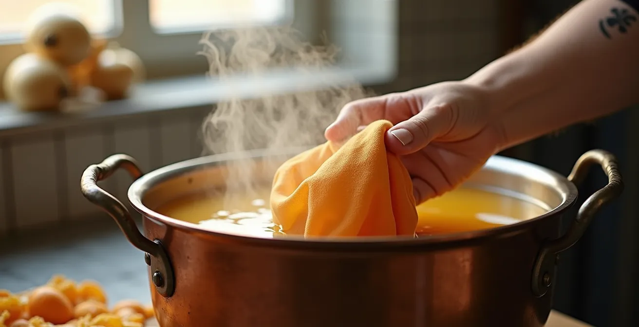 Processus de teinture végétale avec des pelures d'oignon créant des nuances dorées sur du textile