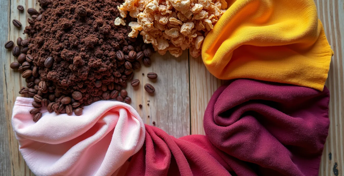 Palette de couleurs naturelles obtenues à partir de déchets alimentaires québécois disposés en cercle chromatique