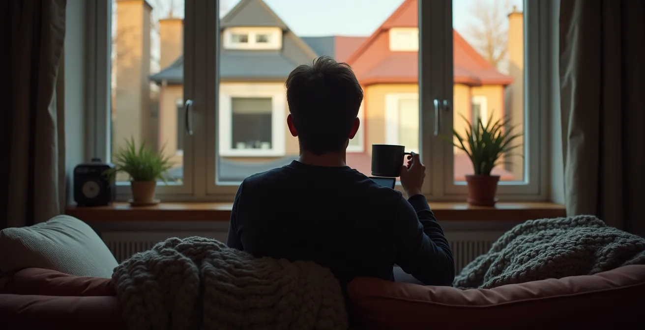 Personne en téléconsultation médicale dans un espace de vie québécois chaleureux