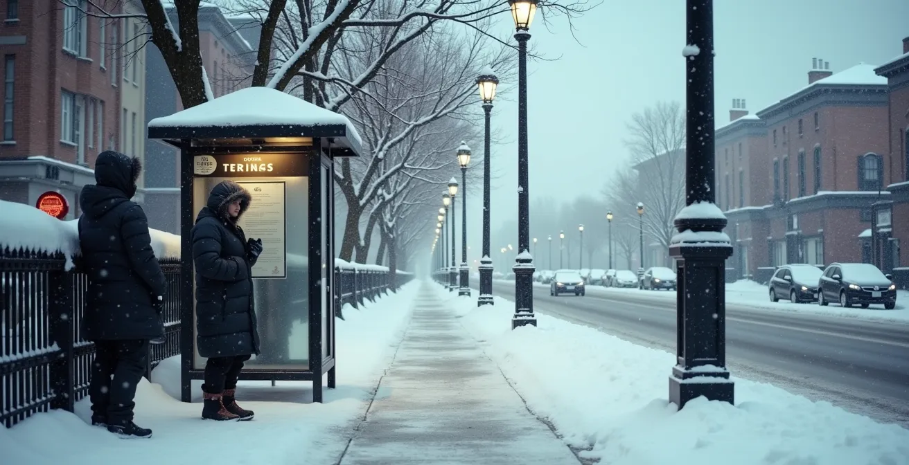 Arrêt de bus enneigé à Montréal avec passagers en attente lors d'une tempête hivernale
