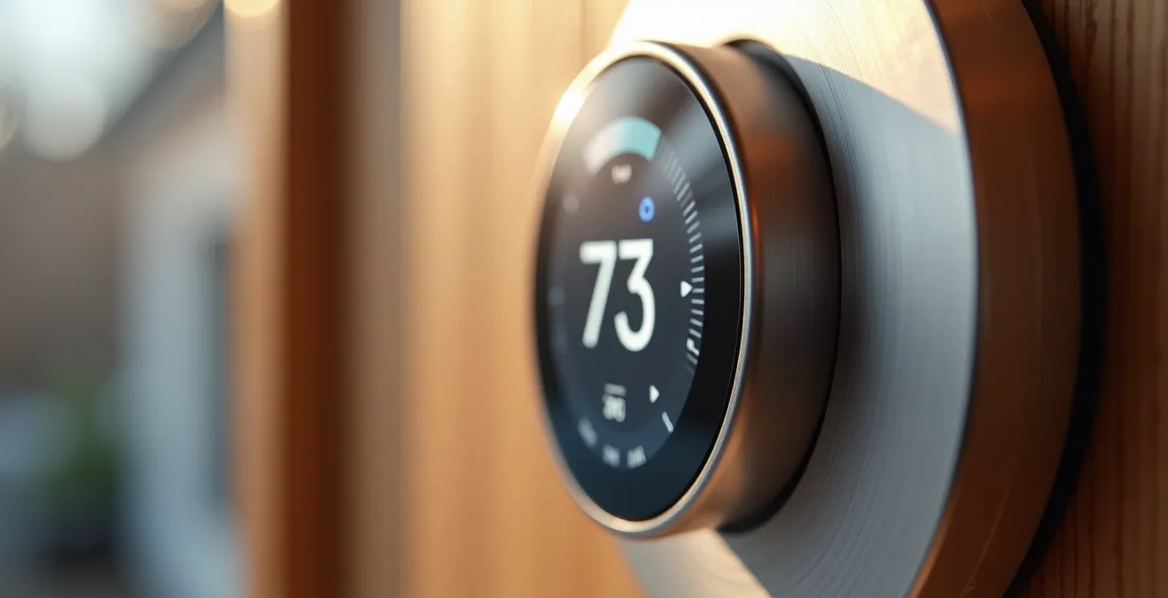 Gros plan sur un thermostat intelligent moderne montrant des économies d'énergie