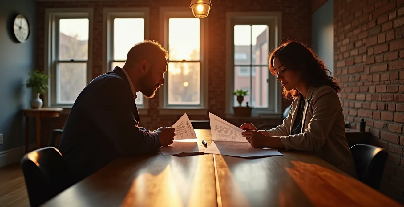Couple révisant des documents immobiliers à la lumière dorée du coucher de soleil dans un salon montréalais