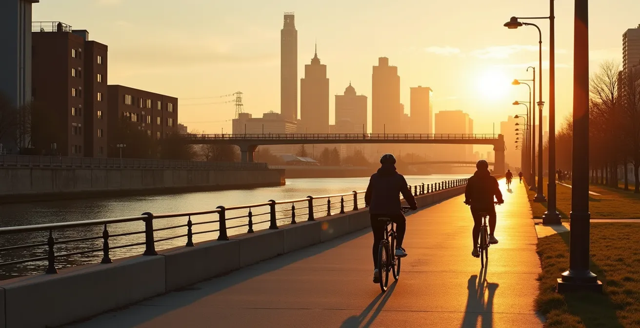 Cycliste sur BIXI longeant le canal Lachine à Montréal au coucher du soleil