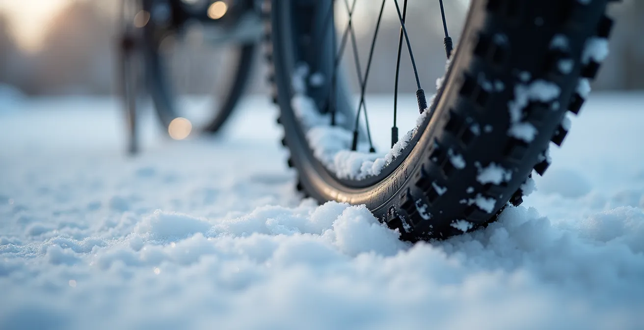 Gros plan sur un vélo-cargo équipé pour l'hiver avec pneus cloutés et protection enfants