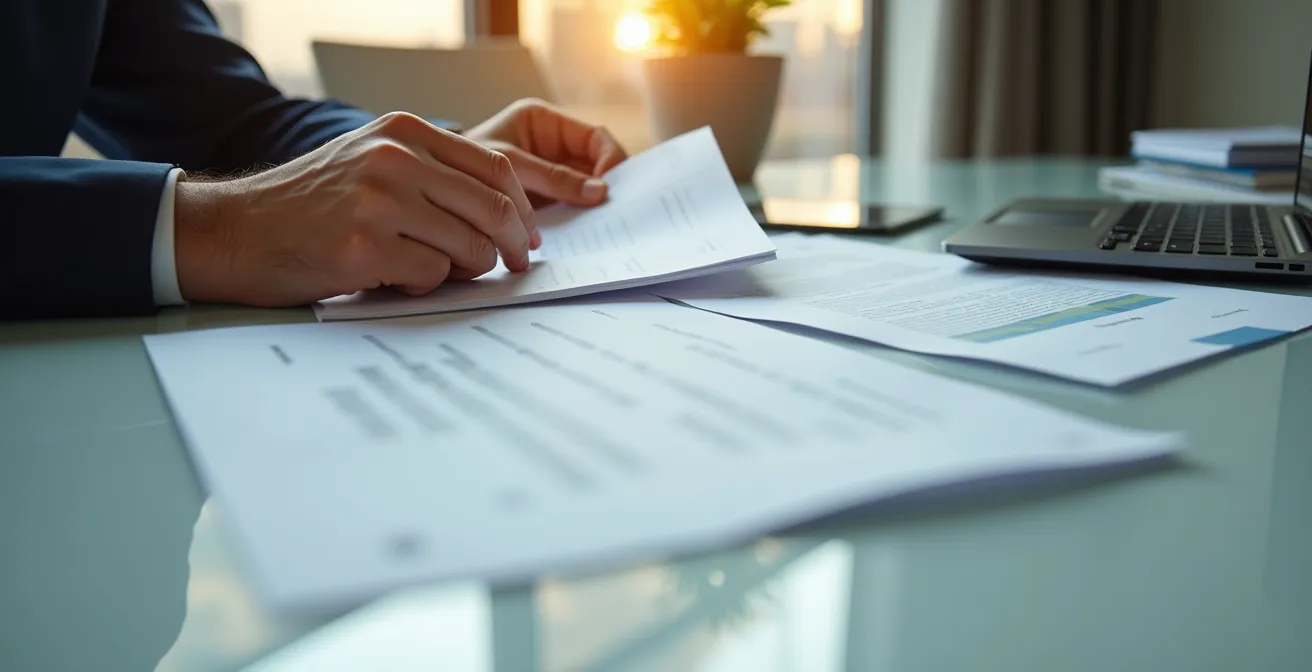 Gros plan sur des mains analysant des documents financiers avec calculatrice