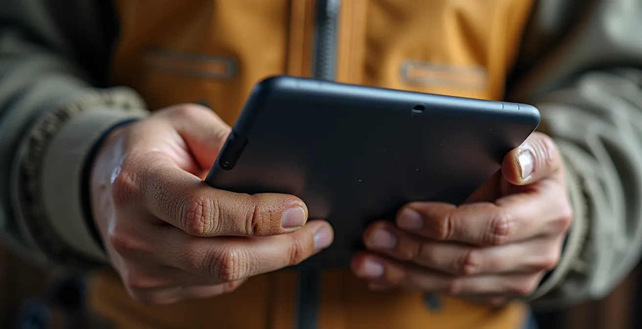 Gros plan sur un écran montrant le registre RBQ avec une main pointant vers les informations