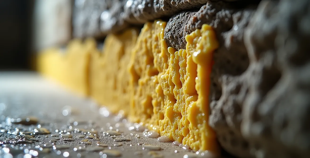 Vue en coupe d'un vide sanitaire typique du Plateau Mont-Royal avec application d'uréthane giclé sur murs de pierre