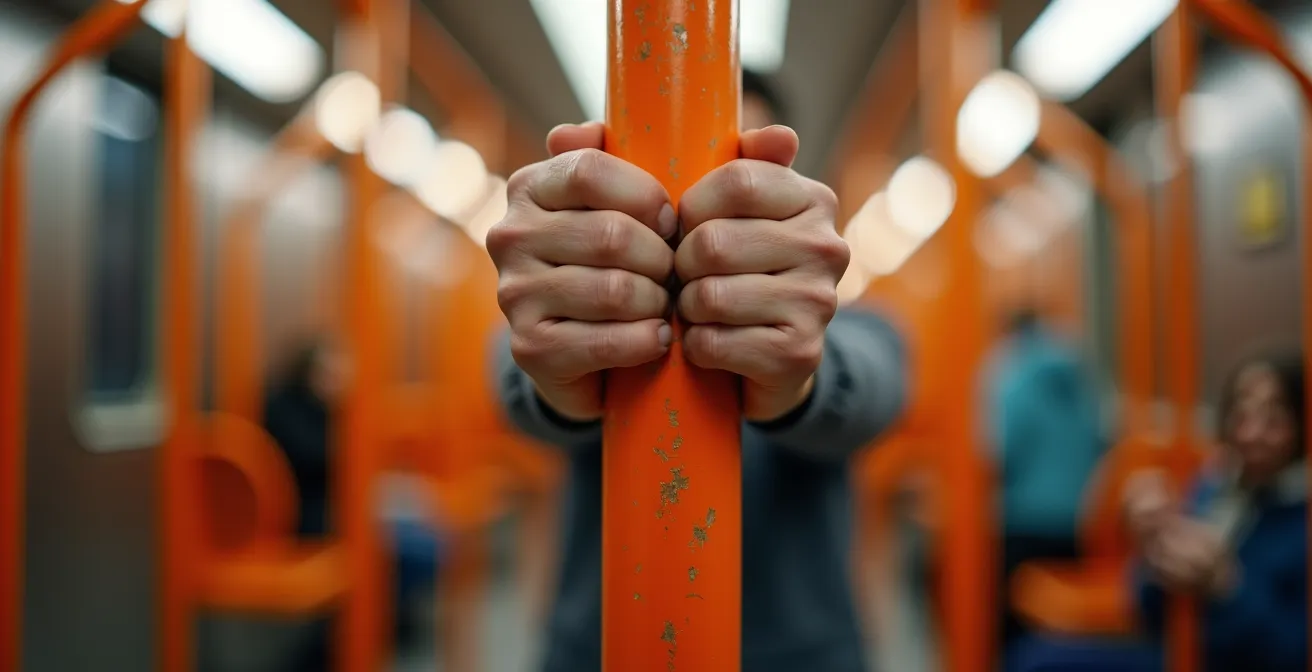 Gros plan sur les mains d'une personne tenant une barre orange dans le métro de Montréal