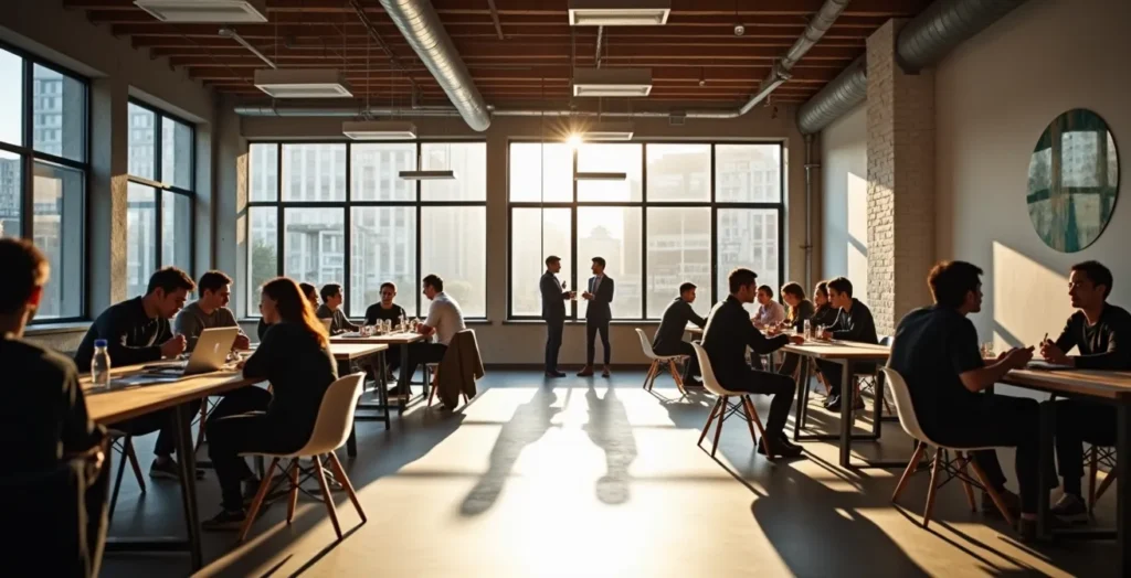 Vue intérieure d'un espace de coworking dédié à l'économie sociale à Montréal avec professionnels en réseautage